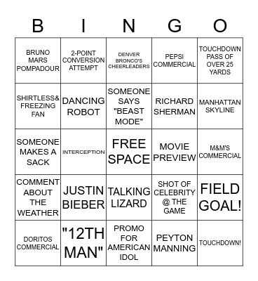 Super Bowl Bingo Card