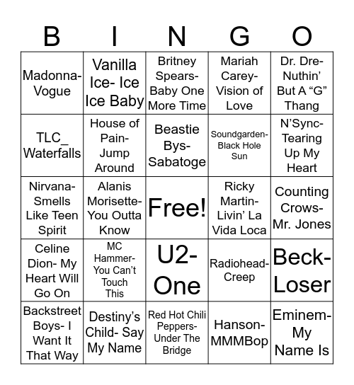 Total-Quiz.com Presents Radio Bingo: 90's Edition Bingo Card