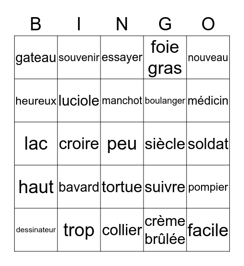 Connaissez-vous ces mots?  Bingo Card