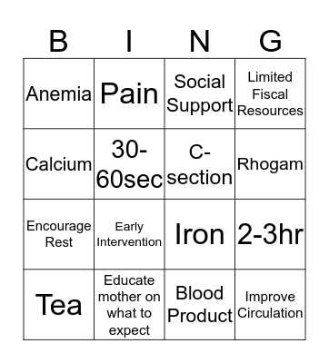 Anemia Bingo Card