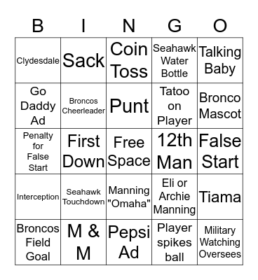 Super Bowl 2014 Bingo Card