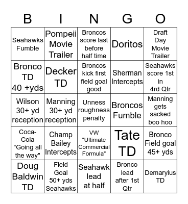 2014 SUPER BOWL BINGO Card