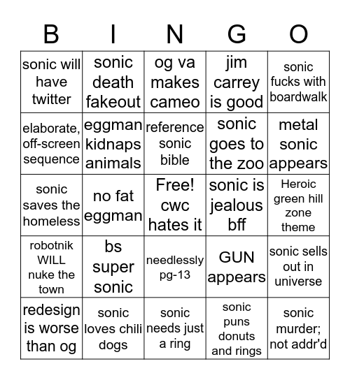 Sonic the Hedgehog: The Movie (2019) Bingo Card