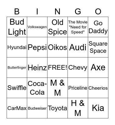 Super Bowl Commercial Bingo Card