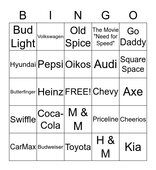 Super Bowl Commercial Bingo Card