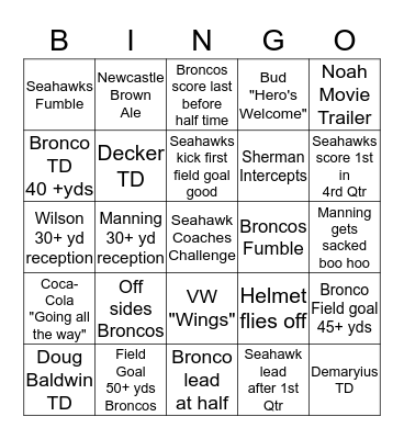 2014 SUPER BOWL BINGO Card