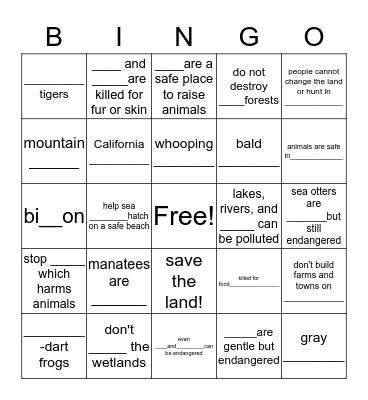 Endangered Animals Bingo Card