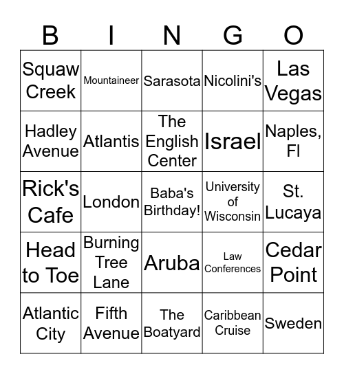 Baba's Favorite Places Bingo Card