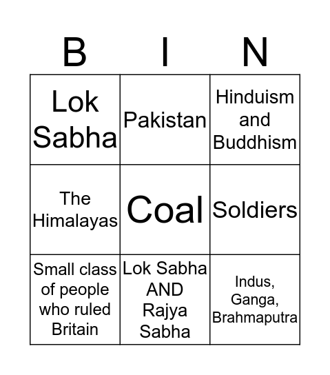 India! Bingo Card