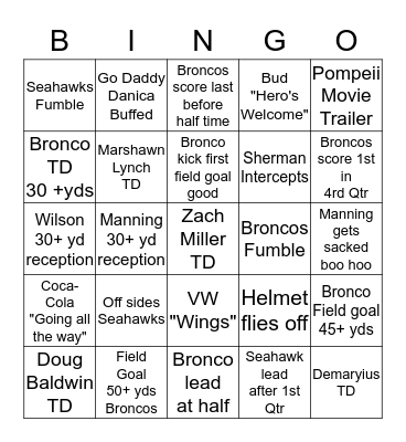 2014 SUPER BOWL BINGO Card