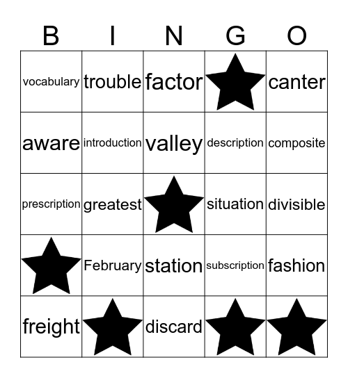 Spelling List 2 Bingo Card