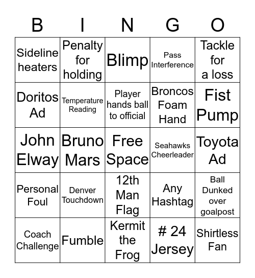 Super Bowl 2014 Bingo Card