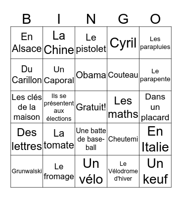 Jeu de révision française Bingo Card