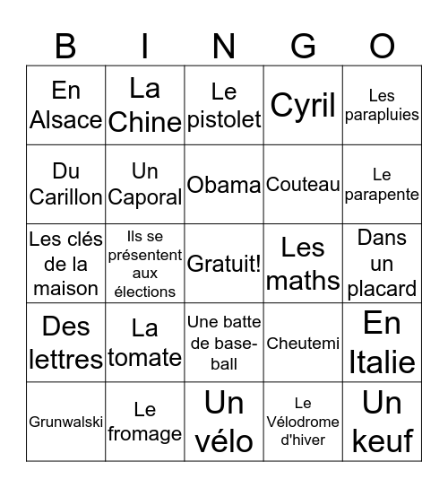 Jeu de révision française Bingo Card