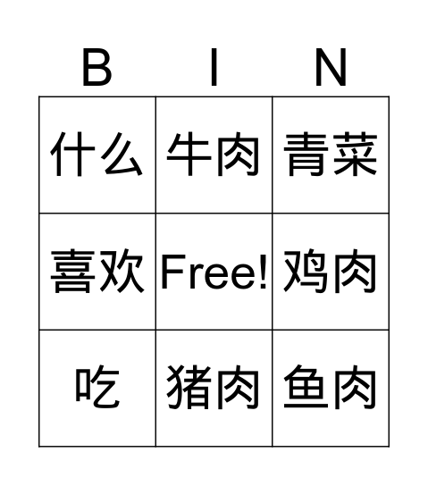 Chinese food Bingo Card