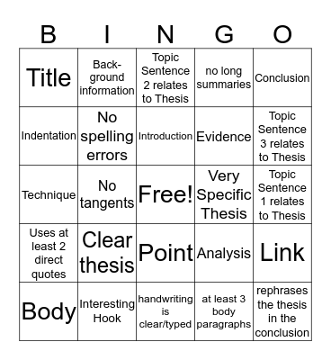Peer Editing Bingo Card