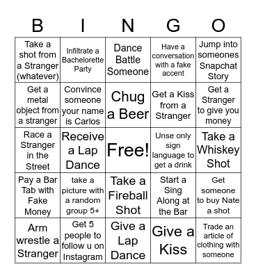 Nate's Bachelor Party Bingo Card