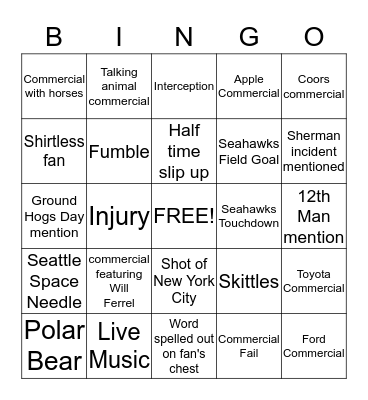 Superbowl XLVIII: Seahawks VS Broncos Bingo Card