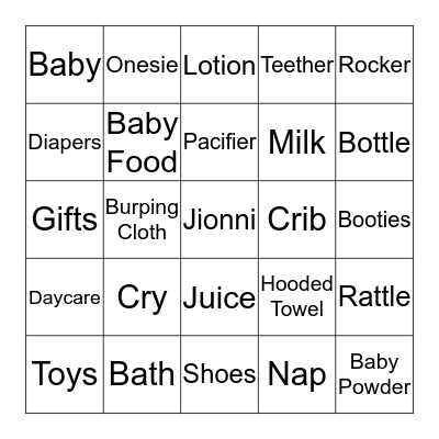 Jionni’s Baby Shower Bingo Card