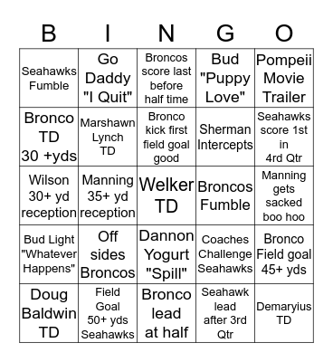 2014 SUPER BOWL BINGO Card