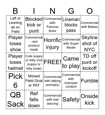 Super Bowl   Bingo Card