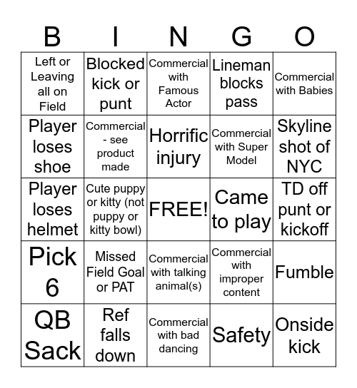 Super Bowl   Bingo Card