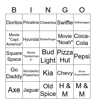 Super Bowl Commercial Bingo Card