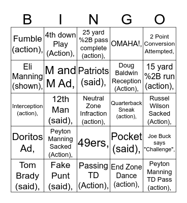 Super Bowl XLVIII Bingo Card