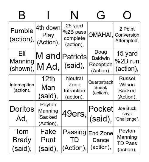 Super Bowl XLVIII Bingo Card