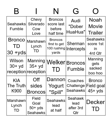 2014 SUPER BOWL BINGO Card