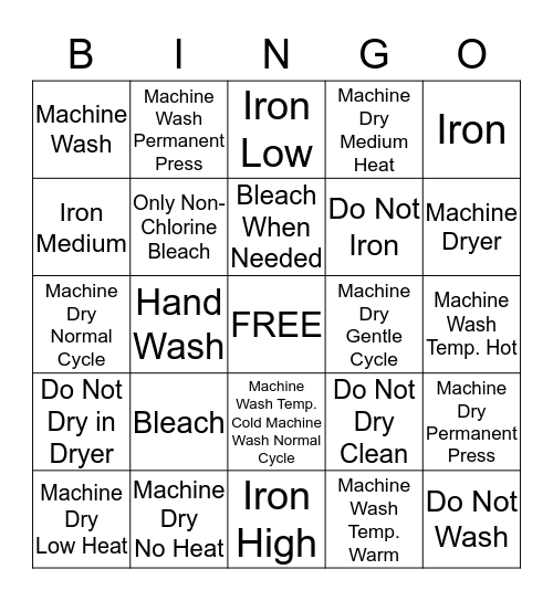 Clothing Care Bingo Card
