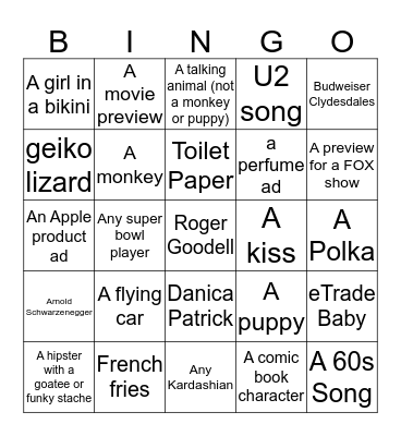 Super Bowl Ad Bingo Card