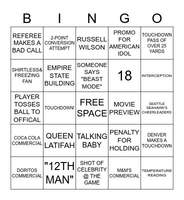 Super Bowl Bingo Card