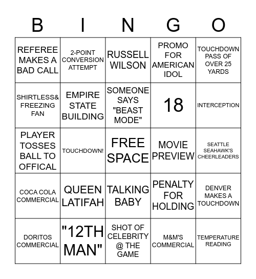 Super Bowl Bingo Card