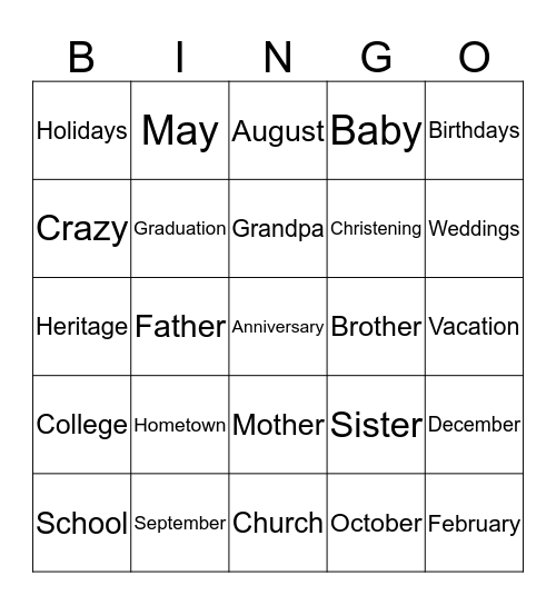 Family Bingo Card