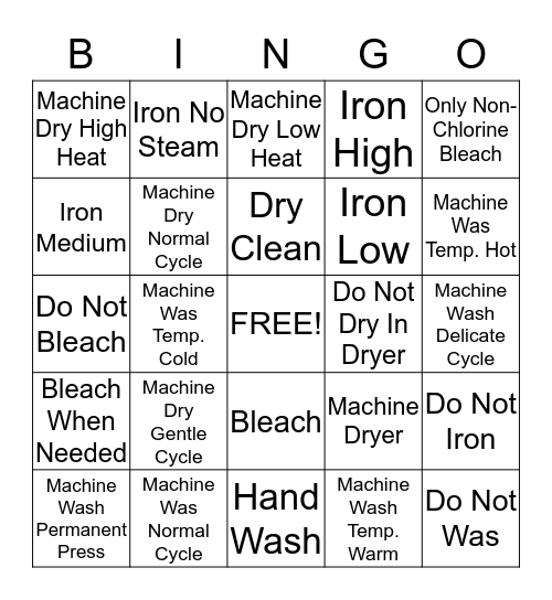 Clothing Care Bingo Card