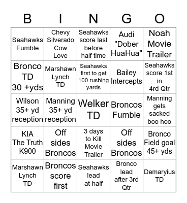 2014 SUPER BOWL BINGO Card