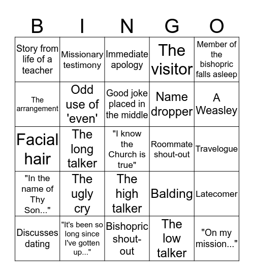 Single's Ward Testimony Bingo Card