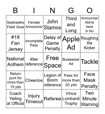 Super Bowl 2014 Bingo Card