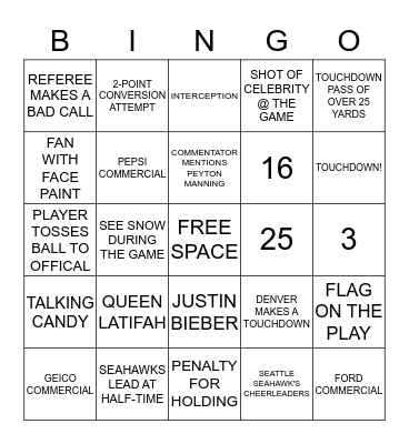 Super Bowl Bingo Card