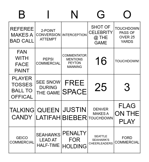 Super Bowl Bingo Card