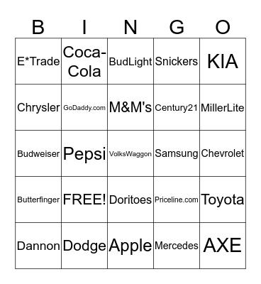 2014 Super Bowl Commercial Bingo Card