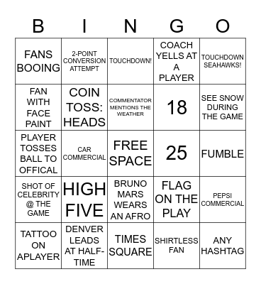 Super Bowl Bingo Card