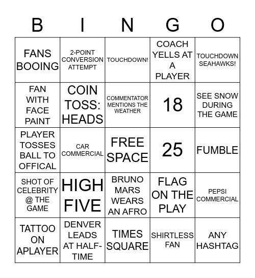 Super Bowl Bingo Card