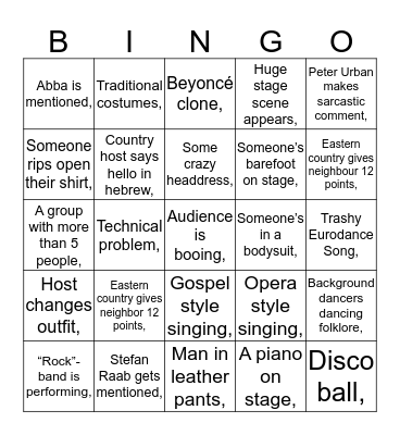 Eurovision Bingo Card