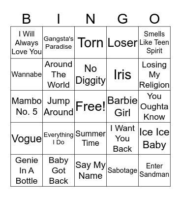 90's Music Bingo! Bingo Card