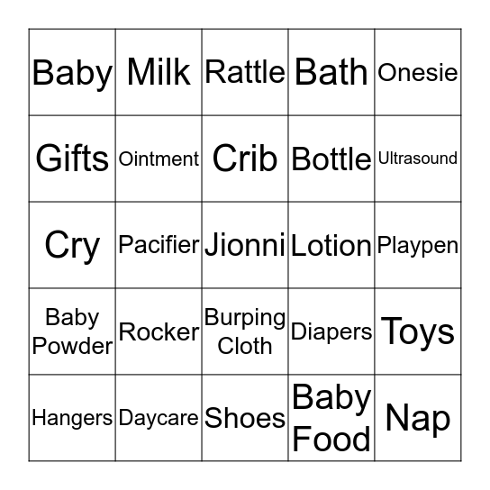 Jionni's Baby Shower Bingo Card