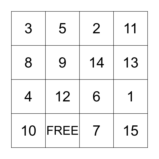 NUMBER BINGO Card