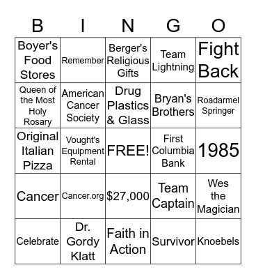 Relay For Life BINGO Card