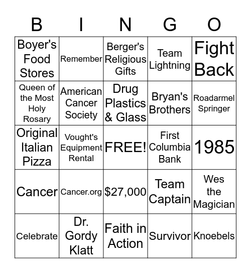 Relay For Life BINGO Card